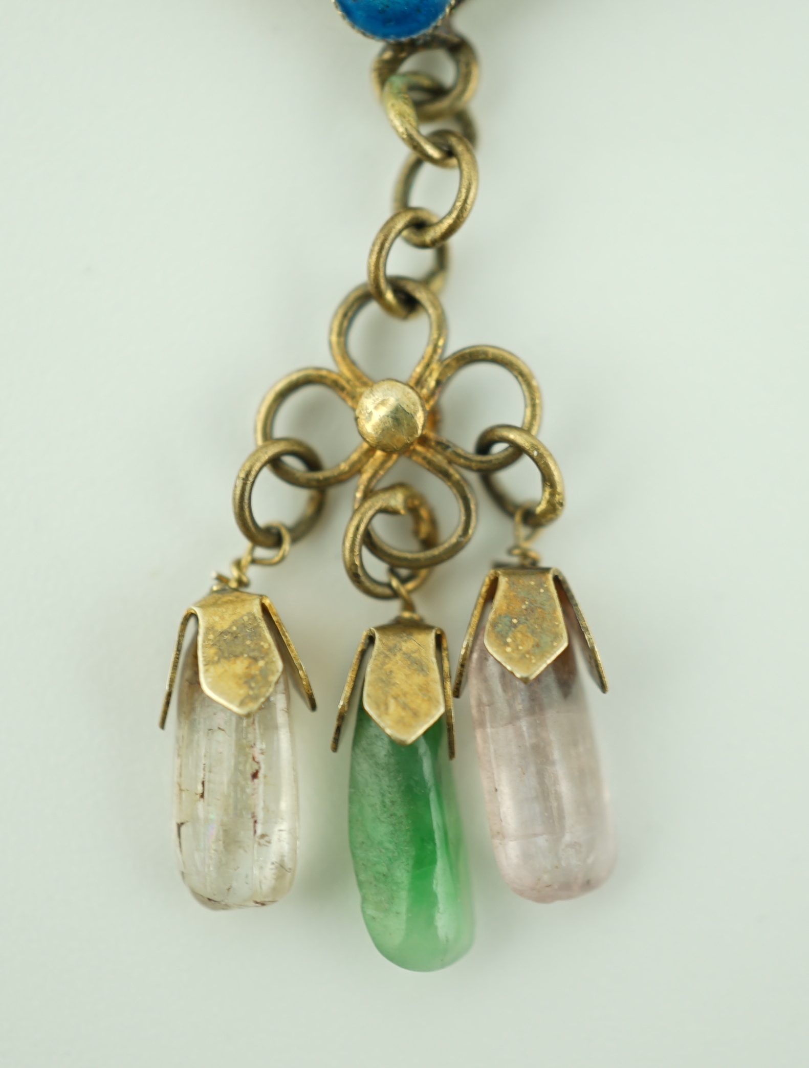 A Chinese silver, enamel and jadeite 'fan' brooch, width 69mm and a similar nail guard brooch, 87mm